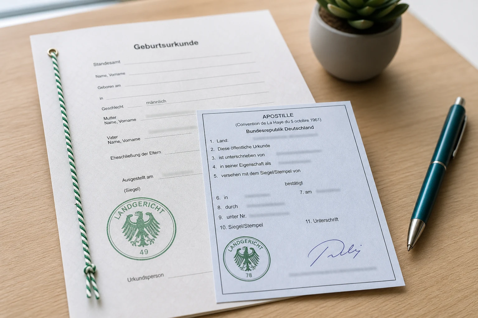 Apostille und Geburtsurkunde auf dem Schreibtisch